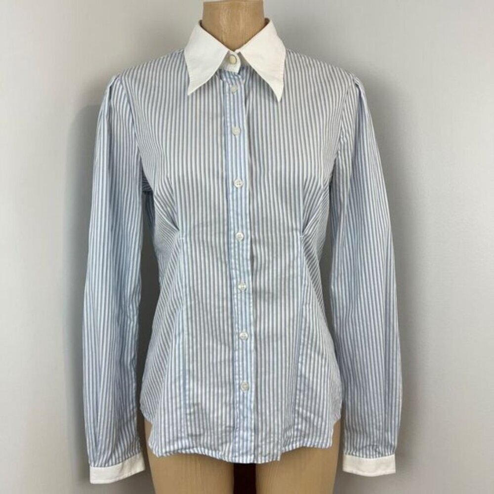 Dolce & Gabbana Women's 44 IT Medium US Blue White Button Up Shirt Top Preppy - Picture 1 of 16